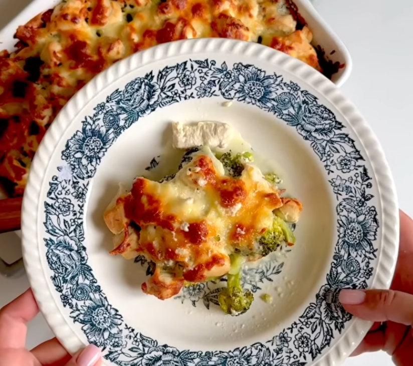 Chicken Alfredo bake in a baking dish