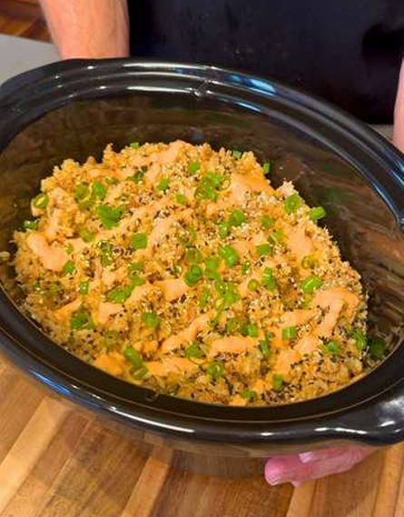 Pineapple teriyaki pulled pork rice bowl drizzled with yum yum sauce